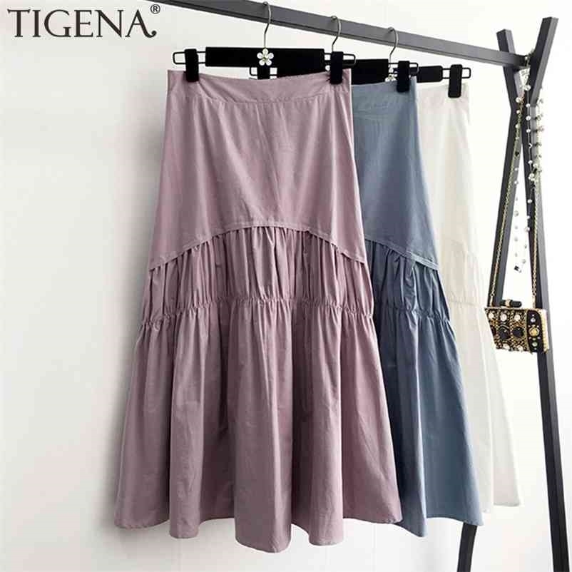 TIGENA Cotton Pleated Skirt Women Fashion Summer Casual Solid A Line High Waist Midi Long Female Black White Purple 210621