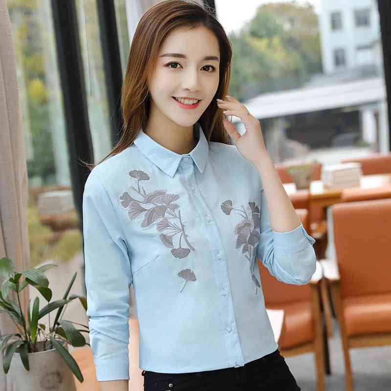 spring women tops chiffon shirts long sleeved blouses plus size embroidery office lady casual slim clothing D424 30 210506