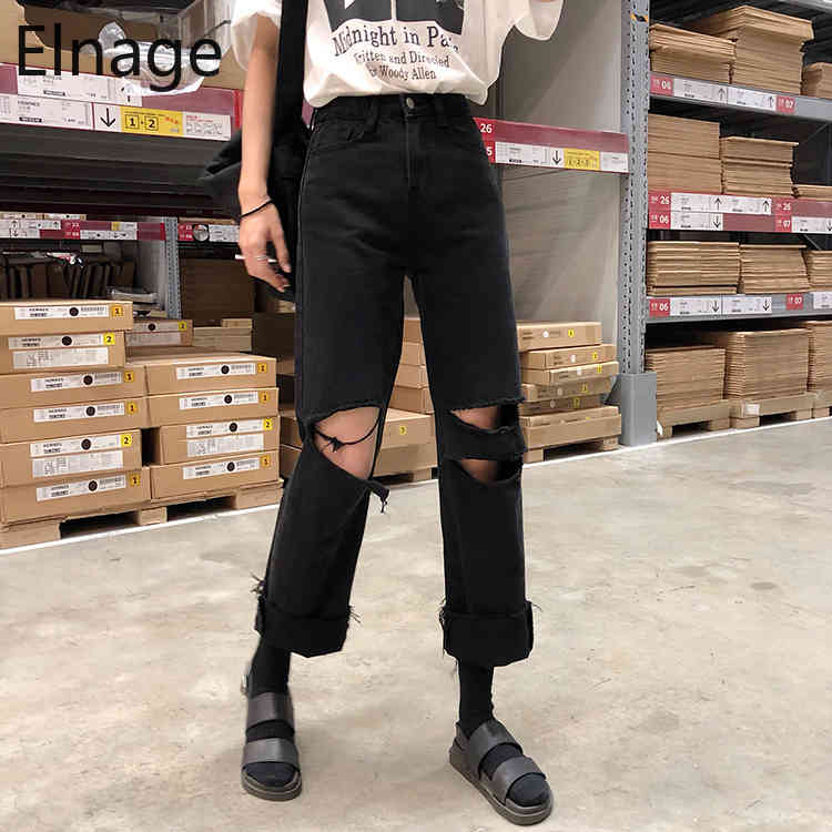 Pantalon Black Hole Jeans Women Straight Loose Korean High Waist Denim Pants Slim Wide Leg Trousers Ripped 5B137 210429