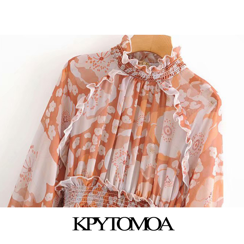 Stylish Floral Print Ruffled Midi Dress Women Fashion Long Sleeve Elastic Waist Office Wear Female Dresses Vestidos 210420