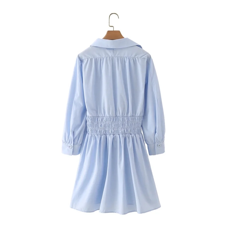 Women V Neck Elastic Waist Blue Mini Dress Female Nine Quarter Sleeve Clothes Casual Lady Loose Vestido D7508 210430Z