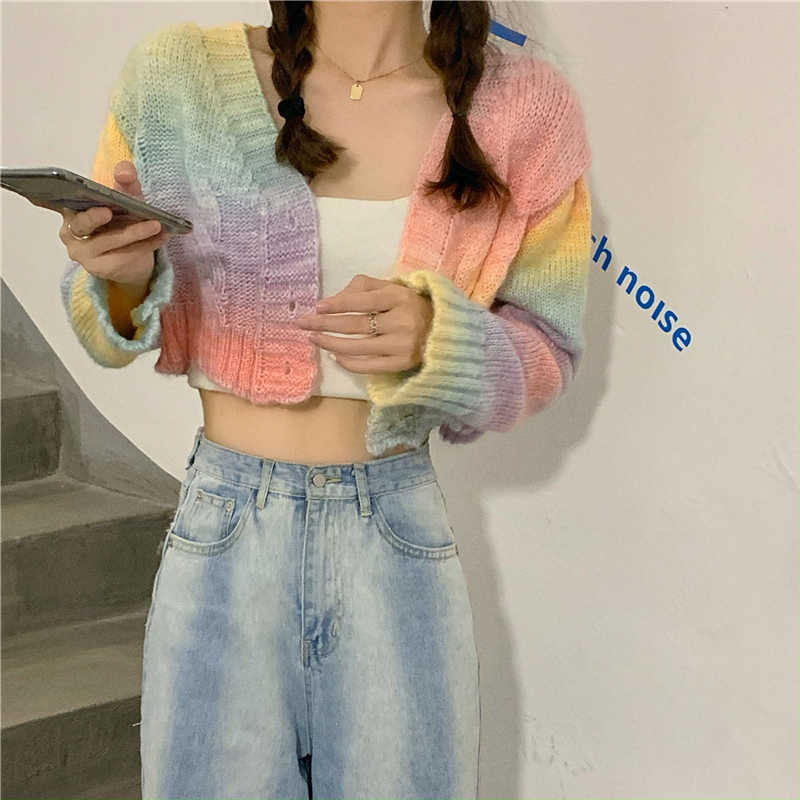 H.SA Spring Autumn Women Short Cardigans Rainbow Coloful Twisted Sweater Tops Knitted Spring Tops Rainbow Striped Cardigan 210716