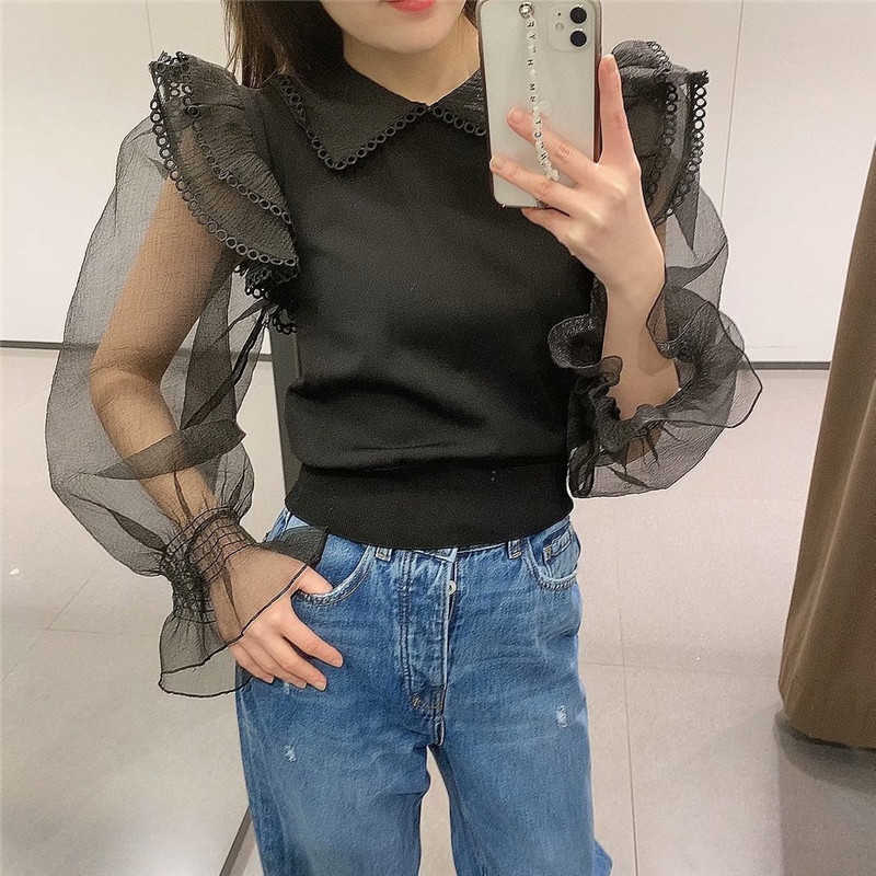 Za Organza Knit Blouse Women Transparent Long Puff Sleeve Ruffle Black Top Female Chic Back Opening Vintage Shirts 210602