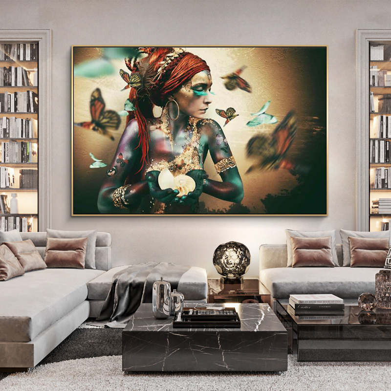 African Woman with Butterfly Canvas Paintings on the Wall Art Posters And Prints Colorful Black Girl Art Picture Home Decoration