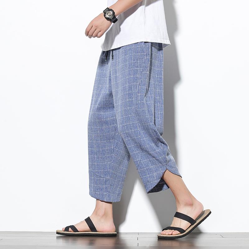 Ankle-Length Cotton Linen Plaid Pants Men Trousers Hip Hop Jogger Sweatpants Streetwear Harem Men's