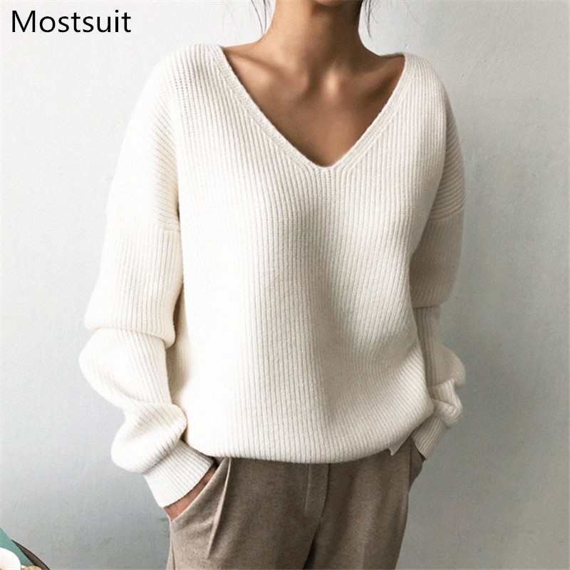 Korean Solid V-neck Pullover Sweater Women Winter Long Sleeve Fashion Loose Ladies Female Tops Jumpers Femme 210514