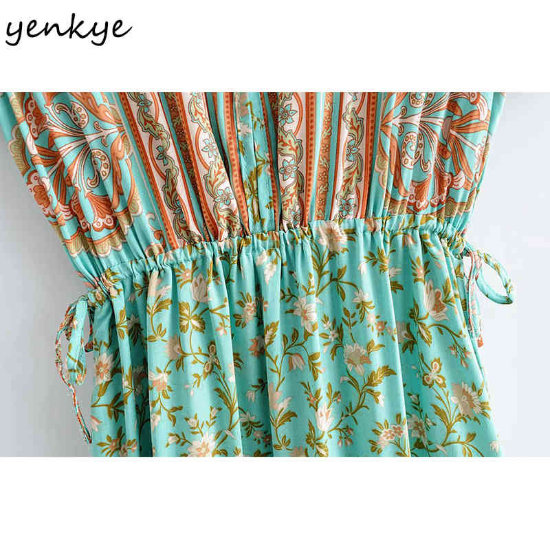 YENKYE Floral Print Holiday Summer Boho Dress Women V Neck Short Sleeve Drawstring Waist A-line Casual Long Maxi Dress Vestido 210515