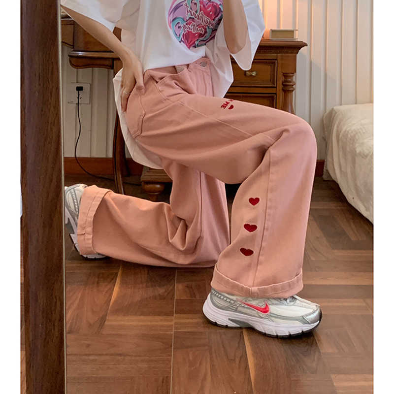 Women's Jeans Pink vintage Embroidery Streetwear High Waist Wide Leg Pants Baggy Harajuku Straight Mom Denim Trouser 210922