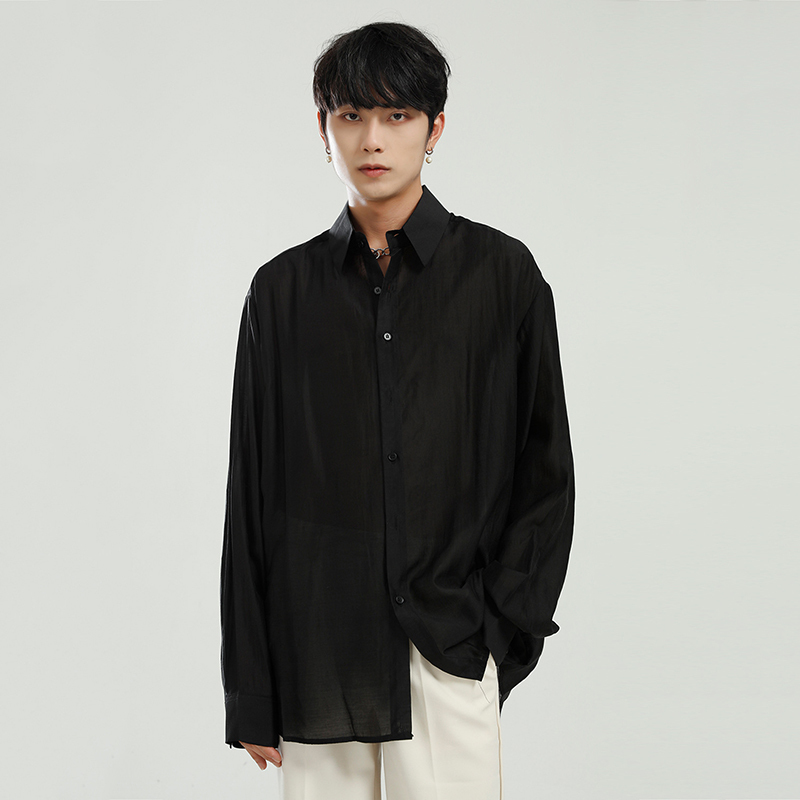 IEFB Korean Trendy Spring Long Sleeve Men's Shirts Fashion Pure Color Streetwear Oversize Lightweight See-through Tops 210524