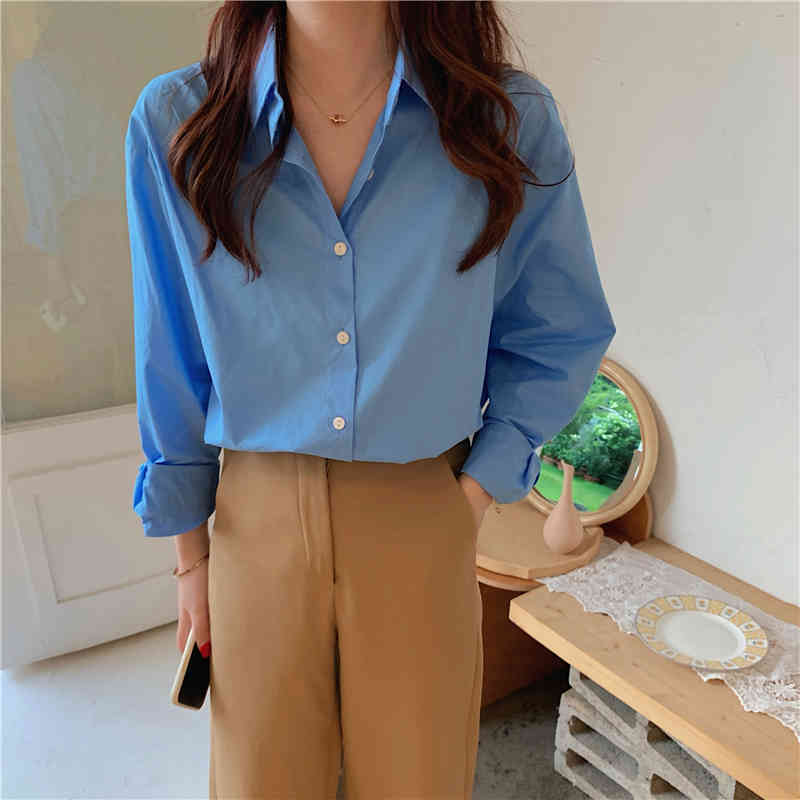 Fashion Work Wear Basic Shirt Women Tops Minimalist Casual Formal Shirts OL Solid Loose Full Sleeve Chic Blouses 210421