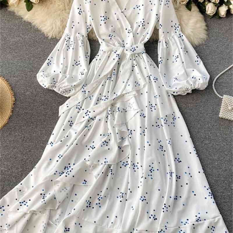 LoveFlowerLife Spring Autumn Elegant Polka Dot Floral Print Dress V Neck A Line Puff Sleeve High Waist Women Dresses 210521