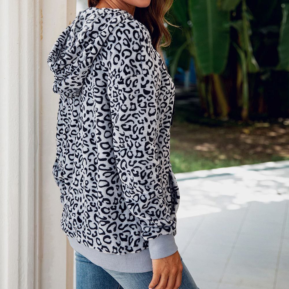 Women Loepard Prind Fleece Hoodies Vintage Loose Sweatshirts Autumn Winter Casual Pockets Fuzzy 210428