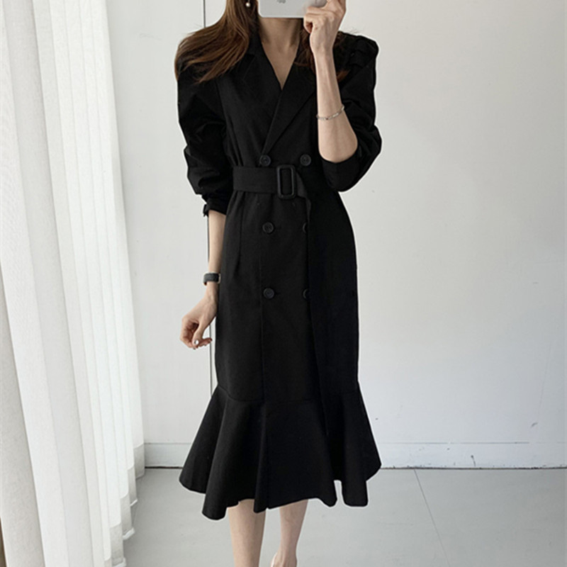 Minimalist Double-breasted Puff Sleeve Mermaid Trench Coat Elegant OL Outwear Autumn Lace-up Lapel Windbreaker 210421