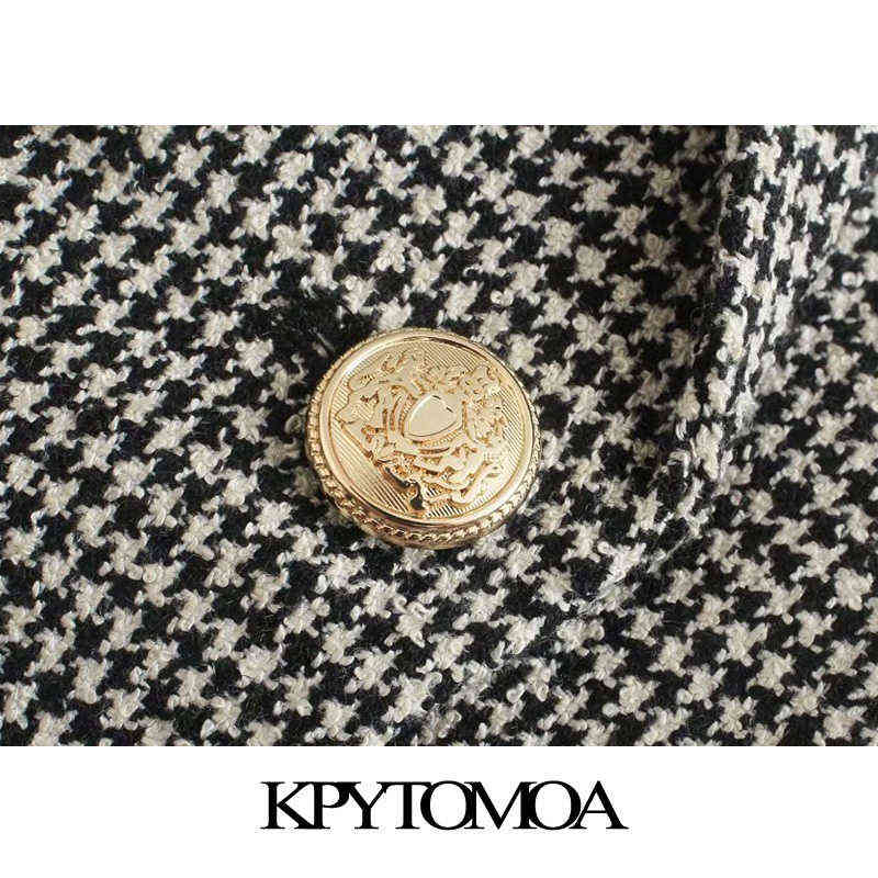 KPYTOMOA Women Fashion Houndstooth Fitted Blazer Coat Vintage Long Sleeve Flap Pockets Female Outerwear Chic Veste Femme 211122