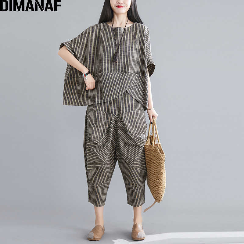 DIMANAF Plus Size Women Two Piece Set Suit Casual Vintage Lady Tops Shirts Batwing Sleeve Loose Pants Cotton Striped Summer 210707