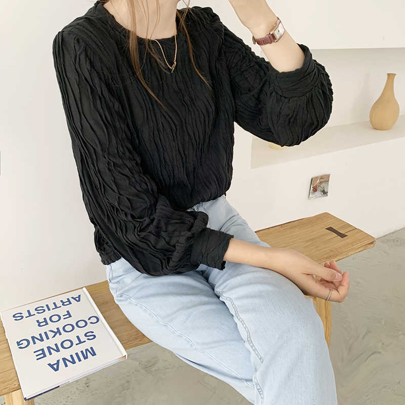 Round neck solid color pleated shirt women 2020 new loose hedging fashion temperament top X0628