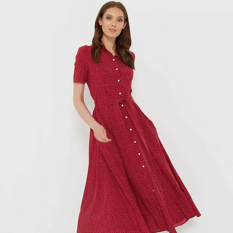 Capucines Women Dot Print Button Shirt Dress Summer Short Sleeve Turn-down Collar Belt A Line Casual Midi Dresses Vestidos 210630