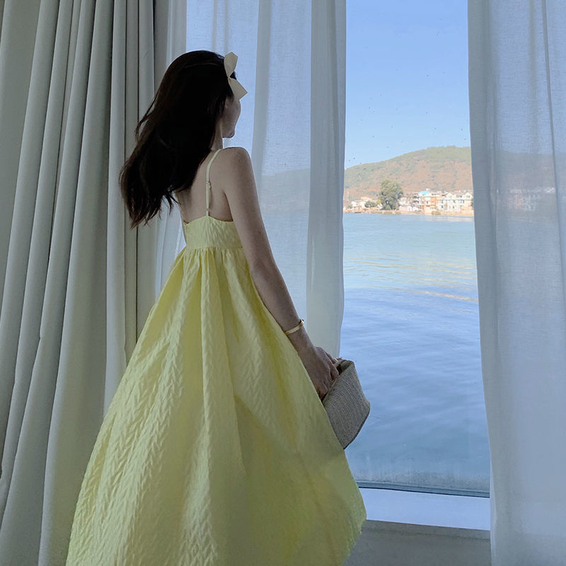 Yellow Beach Midi Dress Women Sleeveless Elegant Strap Dress Casual Females Office Lady Dress Korean Summer Chic 210521