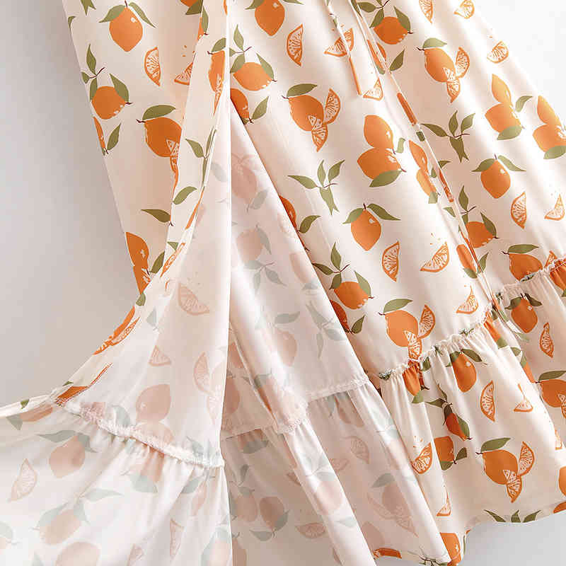 Women Chic Lemon Print Dress Summer Ruffle V Neck Boho Beach Midi Ladies Short Sleeve A Line Casual Wrap es 210515