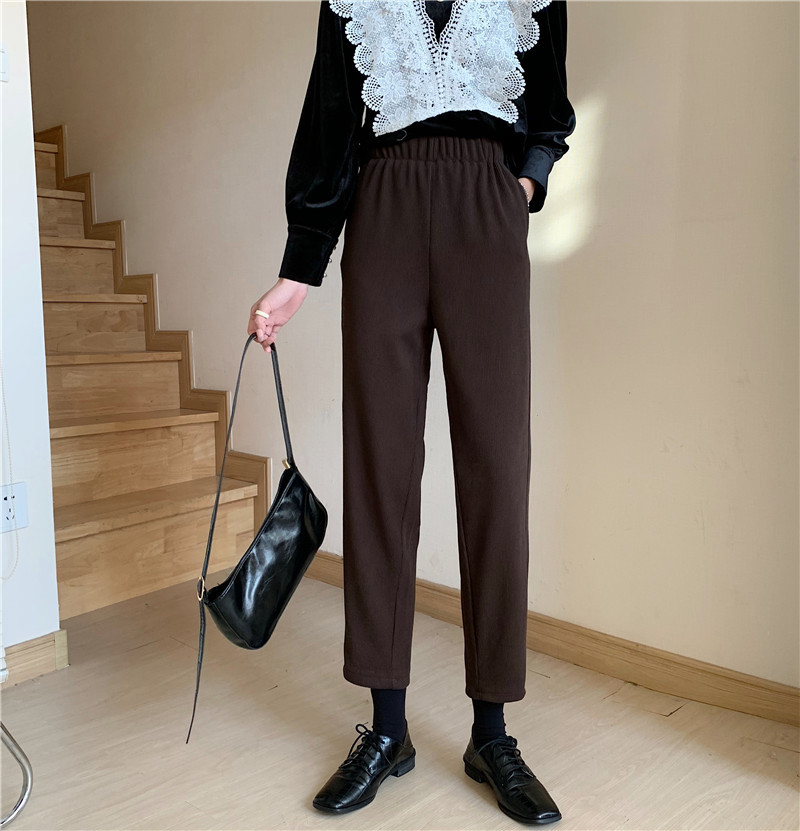 OL Retro Elastic High Waist Straight Harem Woolen Pants Women Autumn Winter Casual Warm Loose Grandma Trousers 210421