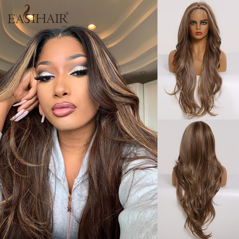 Long Brown Highlight Lace Front Synthetic Wigs with Baby Hair Lace Wigs for Women High Density Daily Heat Resistant Wigfactory direct