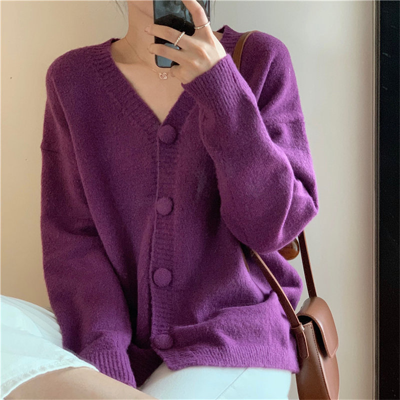 Selling Casual Solid Students Cardigans Fashion All-Match Knitted Office Lady Feminine Chic Loose V-Neck Sweaters 210421