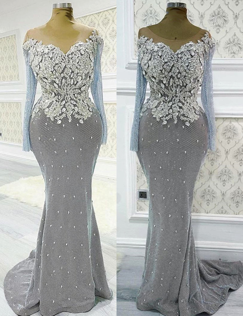 2021 Plus Size Arabic Aso Ebi Silver Mermaid Luxurious Prom Dresses Beaded Crystals Lace Evening Formal Party Second Reception Gowns Dress ZJ445