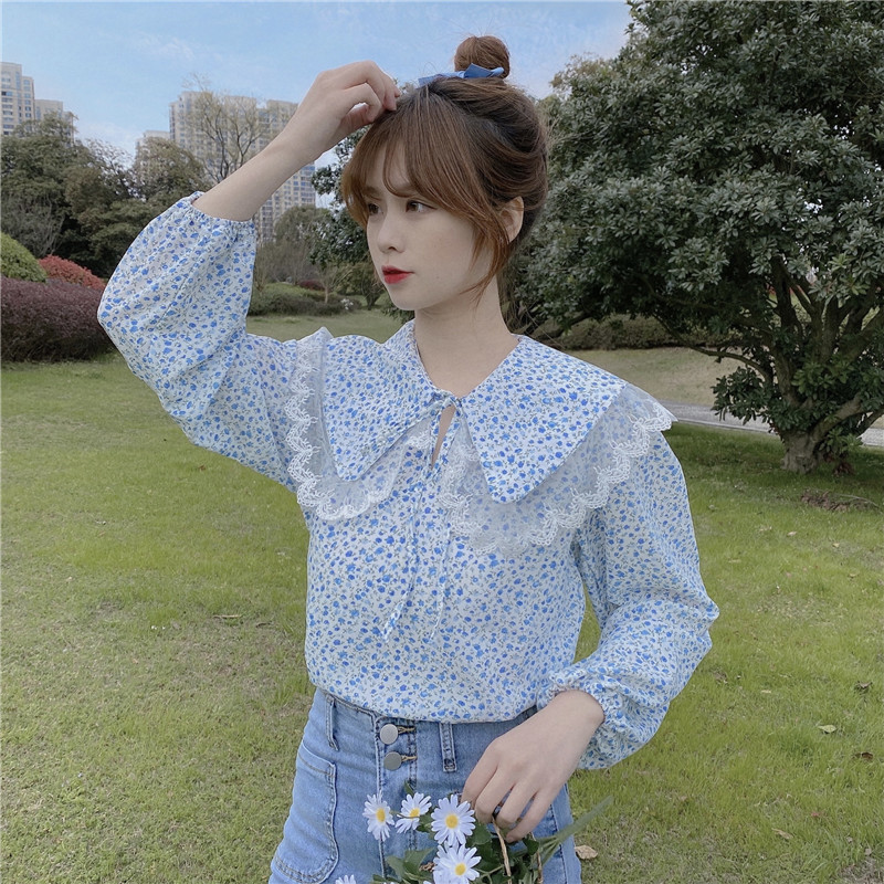 Shirts & Blouses Sweet Chic Puff Long Sleeve Blue Floral Blouse Women Peter Pan Collar Tops Blusas Mujer De Moda Japan Style 210429