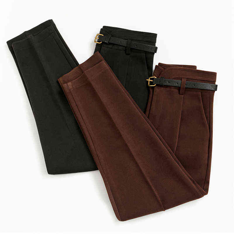 Woolen Formal Women's Harem Pants with Belt Autumn Winter High Waist Office Lady Elegant Ankle-Length Trousers Pocket 211115