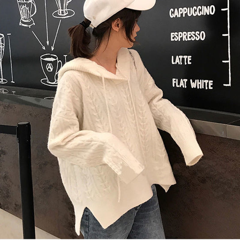 Wohern Korean Fashion Ladies Hooded Sweater Women Knitting White Sweaters Casual Pullover and Jumper Loose Knitwear Autumn 210422