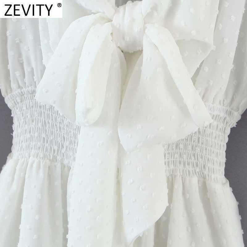 Zevity Women Sexy V Neck Knotted Dots Stitching Chiffon Dress Female Chic Puff Sleeve Elastic Waist Slim Ruffles Vestidos DS8347 210603
