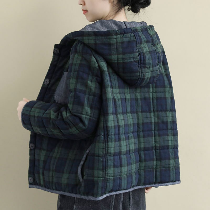 Autumn Winter Arts Style Women Long Sleeve Loose Hooded Coats All-matched Casual Single Breasted Thick Warm Plaid Jackets M486 210512