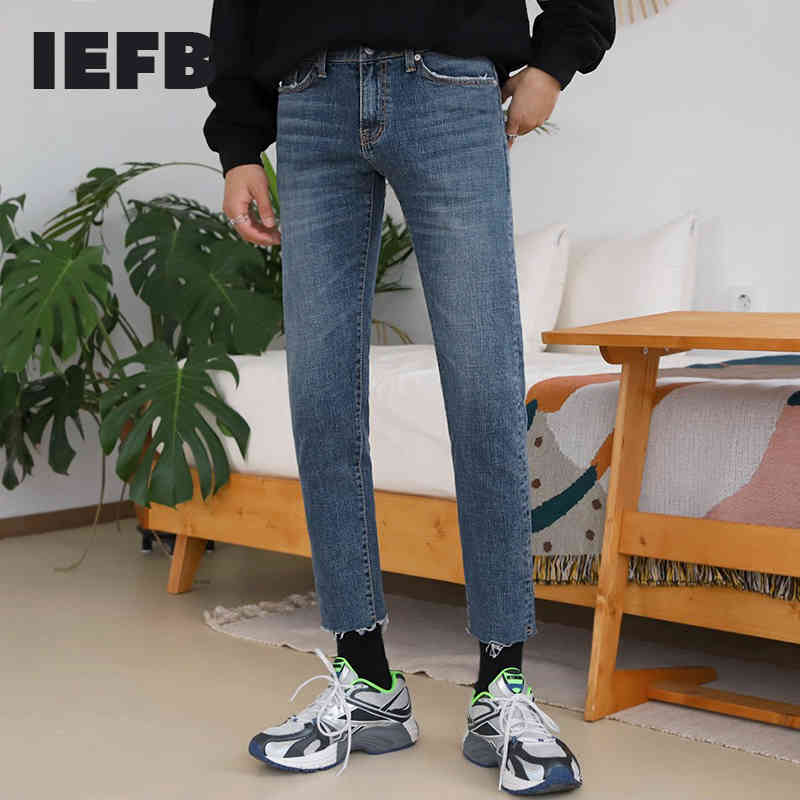 IEFB men's clothing Korean Slim Fit Jeans spring trend all-match casual hole raw bottoms blue ankle-length trousers 9Y4310 210524