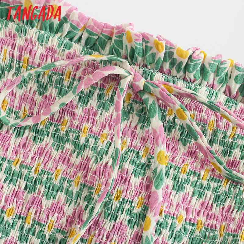 Women Floral Green Pleated Crop Shirts Bow Sleeve Summer Female Short Tops Blouses 5Z100 210416