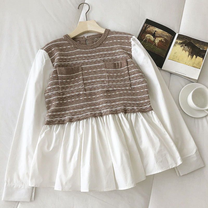 Nomikuma Stripe Patchwork Pockets Women Blouses Causal Long Sleeve O-neck Doll Shirt Spring New Korean Pullover Tops 6E095 210427