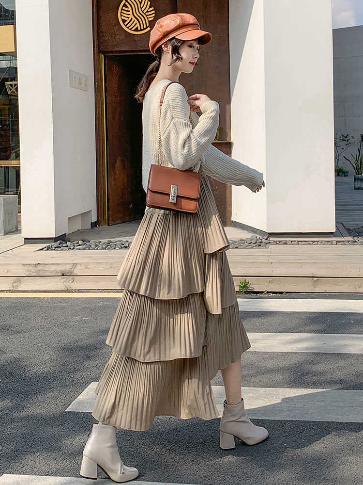 Solid Irregular Cake Multi-level Middle-length Spring and Autumn Summer High-waisted Pleated Women Skirts 210615Z