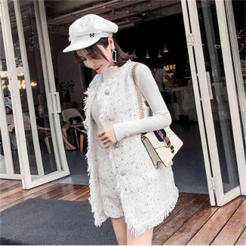 Autumn And Winter Runway Tweed Set White Tassel Rough Buckle Long Vest For Women 2 Pieces Shorts 210520