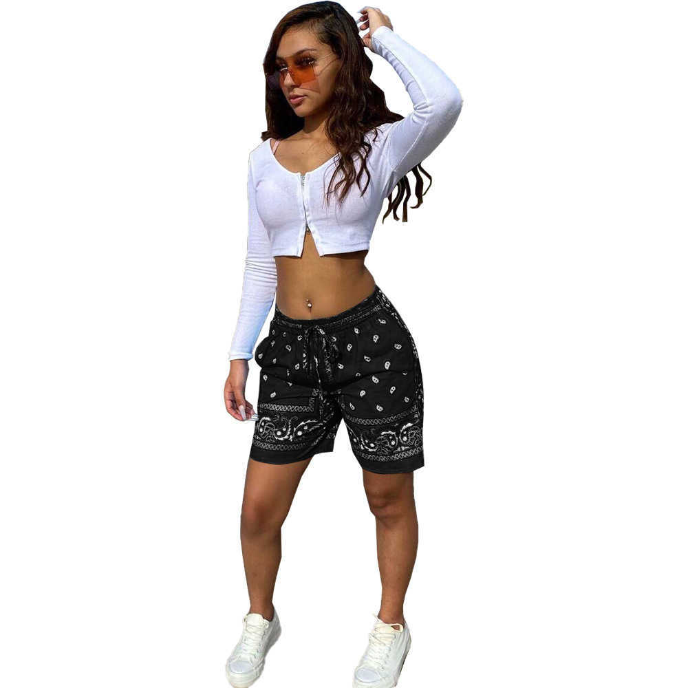 Women Shorts Causal Bandana Print High Waist Drawstring With Pocket Summer Shorts Sportwear Legging Outfit Streetwear Trousers 210625