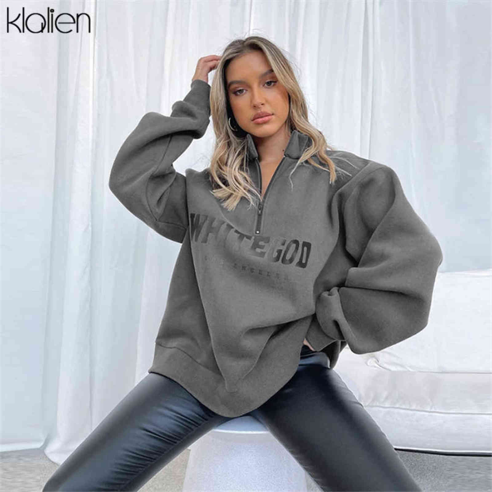 KLALIEN Fashion Casual Street Print Letter Loose Pullover Hoodies For Women Autumn Simple Warm Thicken Sweatshirts Female 211108