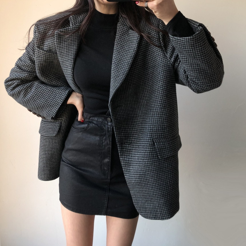 OL Classic Vintage Houndstooth Quilted Woolen Suit Blazer Jacket Autumn Winter Lace-up Formal Women Blazers Coat 210421