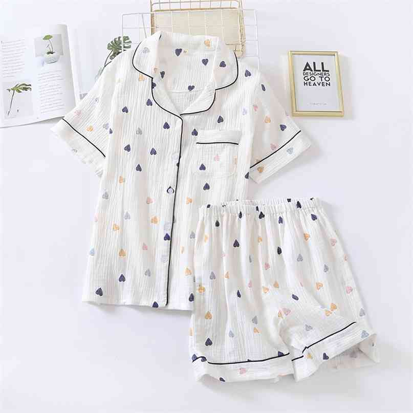 Japanese summer ladies cotton gauze short sleeve shorts pajamas suit cute heart-shaped thin section home service suit woman 210924