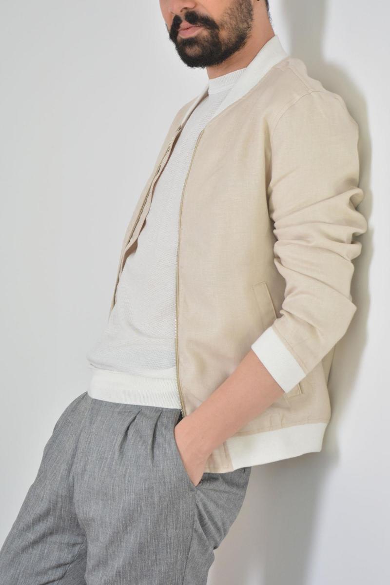 Bomber Pure Linen Zipper Beige Men 'S Jacket Men's Jackets