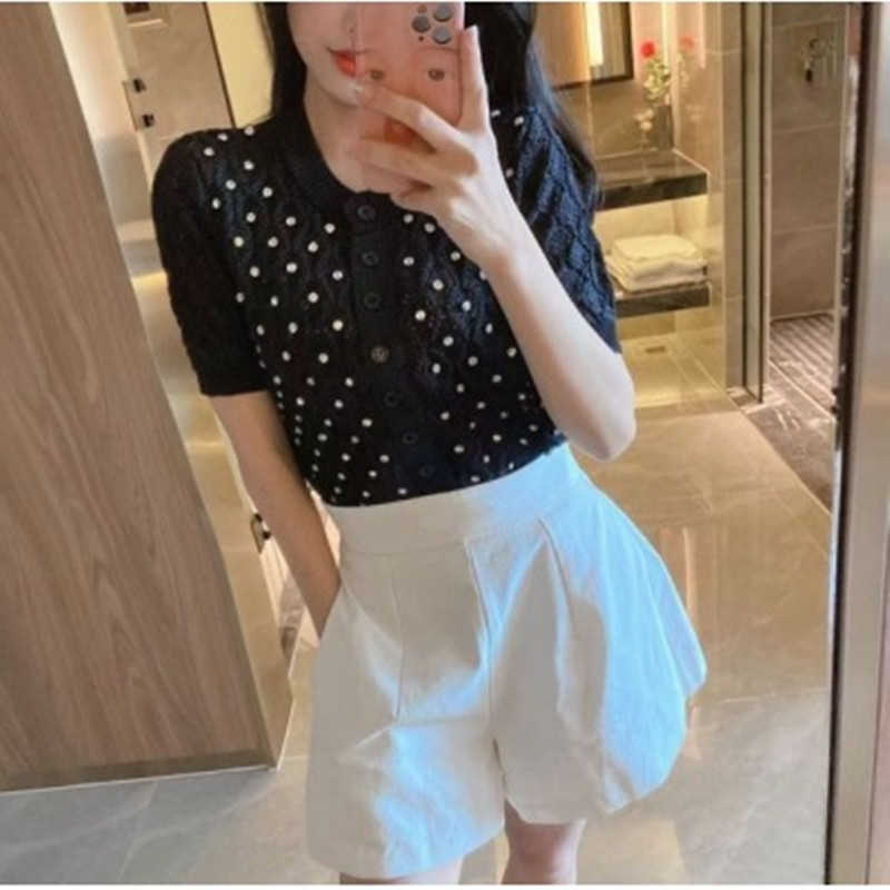 Fashion O Neck Short Sleeve Solid Diamond Knit Sweater Shine Cardigan Spring Summer Women High Quality Sweet Knitted Top 210918