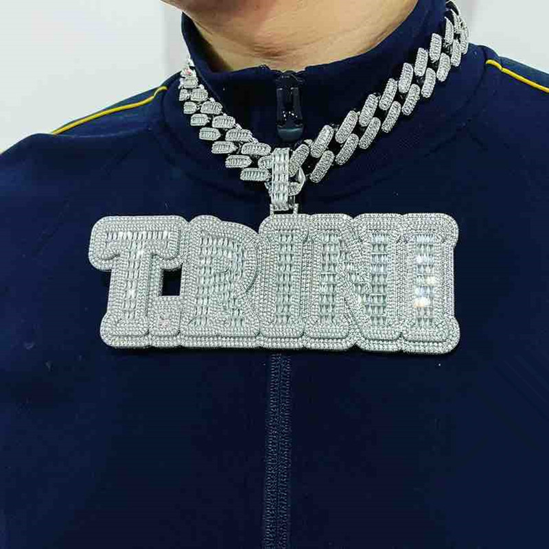 Men Women New Fashion Big Size Yellow White Gold Plated Full Bling moissanite Stone DIY Custom Name Letter Pendant Necklace with 3mm 24inch Rope Chain