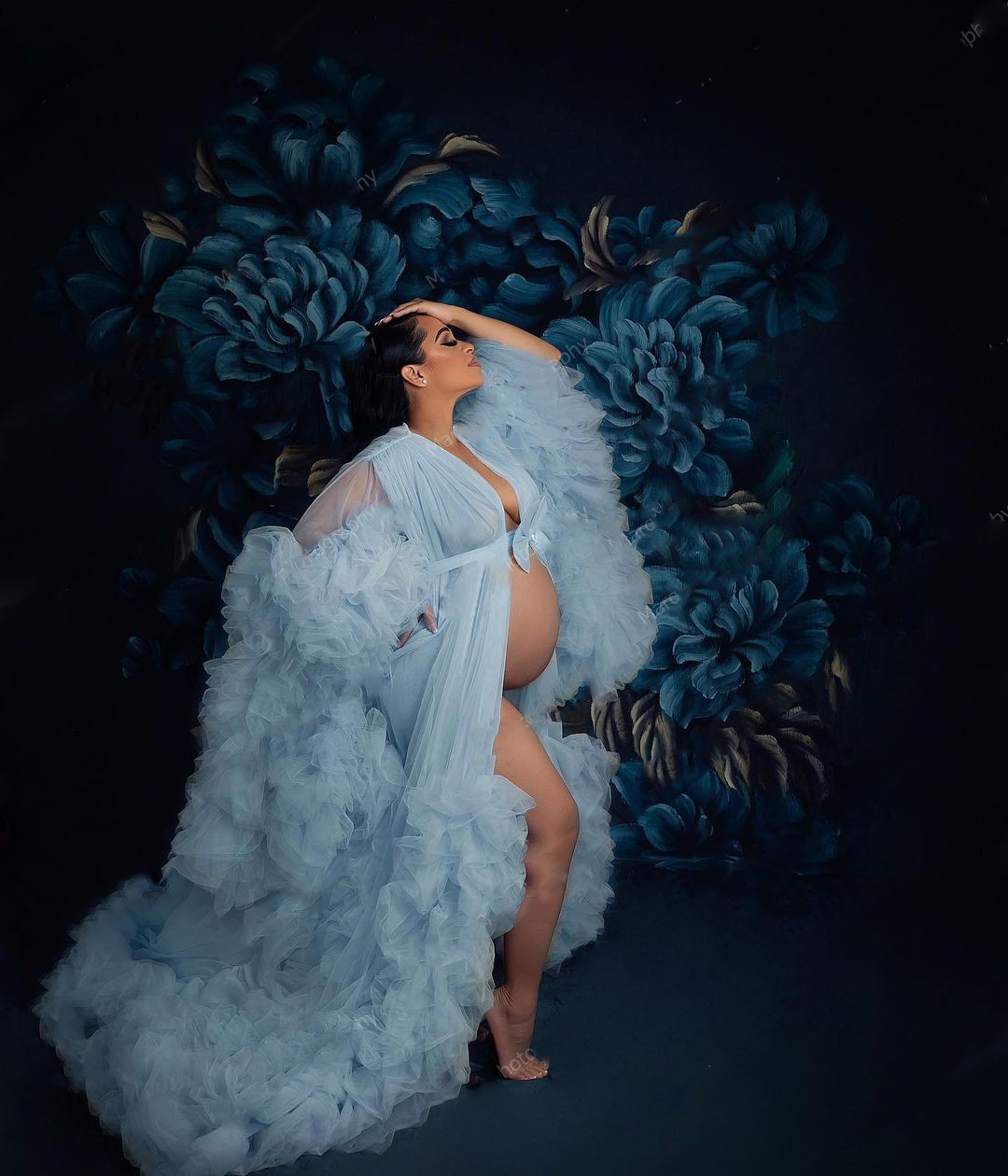 Ruffles Blue Tulle Kimono Women Dresses Robe for Photoshoot Extra Puffy Sleeves Prom Gowns African Cape Cloak Maternity Dress Photography