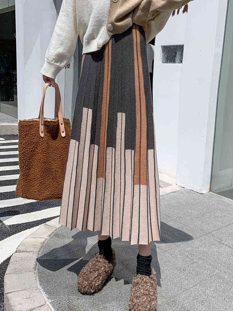 TIGENA Autumn Winter Women Knitted Midi Skirt Vintage Contrast Striped A Line High Waist Pleated Long Skirt Female Ladies 211119