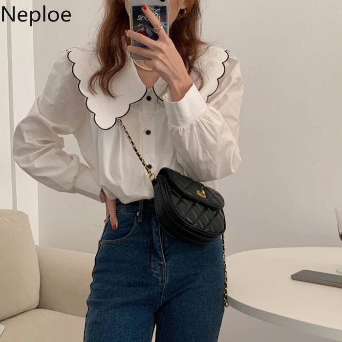 Neploe Women Shirt Peter Pan Collar Long-sleeve Blouse Spring Korean Blusas Loose Elegant Single Breasted White Basic Tops 210422
