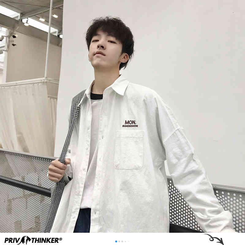 Privathinker Men Solid Shirt Long Sleeve Man Korean Fashions Monday Embroidery Shirt Male Streetwear Spring Women Shirts 210410