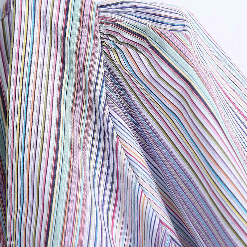 Sweet Women V Neck High Waist Blouse Spring-autumn Fashion Ladies Street Female Shirt Puff Sleeve Stripes 210515