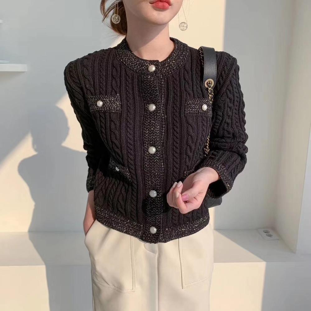 Knitted Sweaters Autumn Winter Knitwear Tops Women OL Long Sleeve Pearl Button Slim Twist Cardigan Sweater Coat 210421